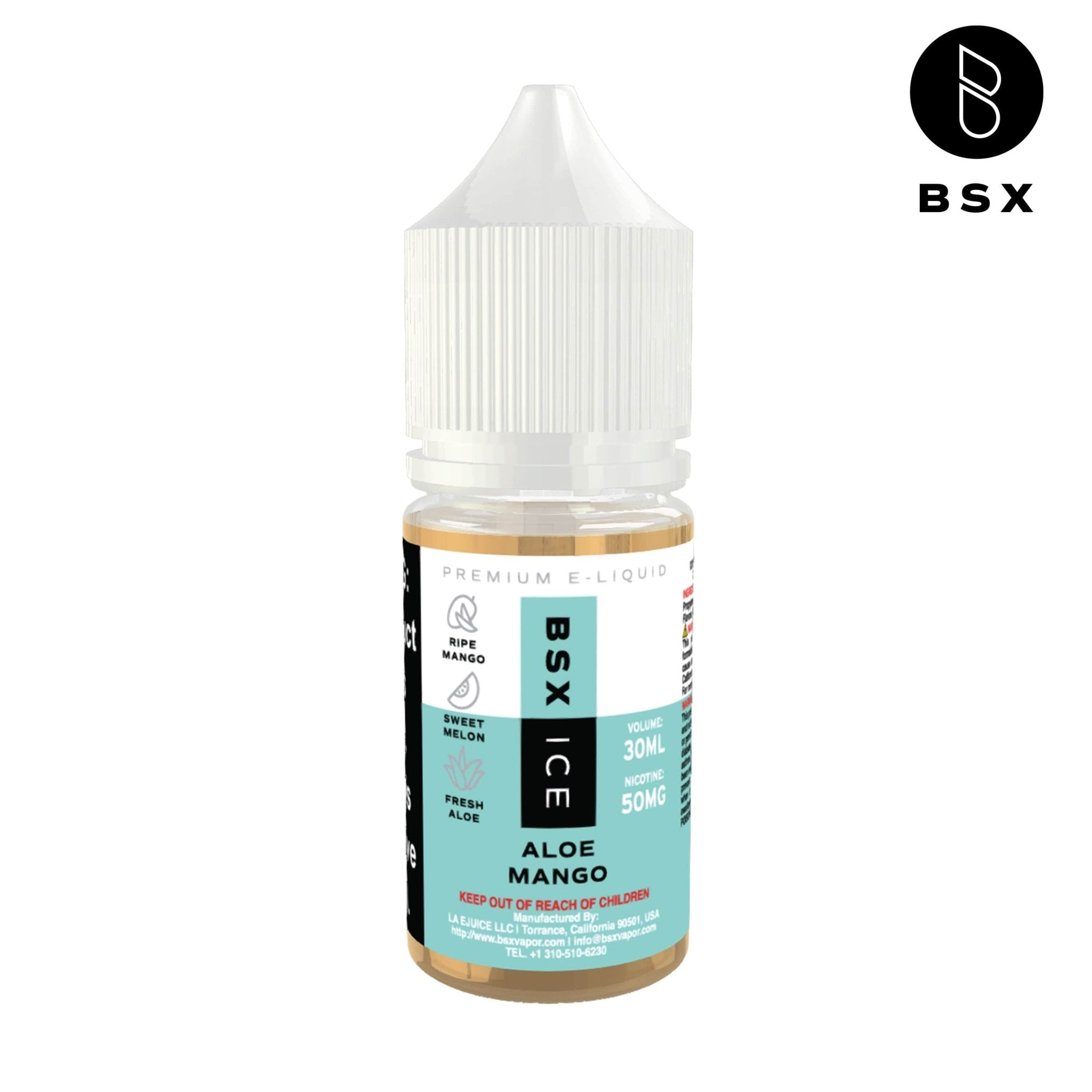 Aloe Mango ICE Salt e-liquid by BSX Vapor in 30mL bottle, featuring a refreshing aloe and mango flavor with icy menthol finish.