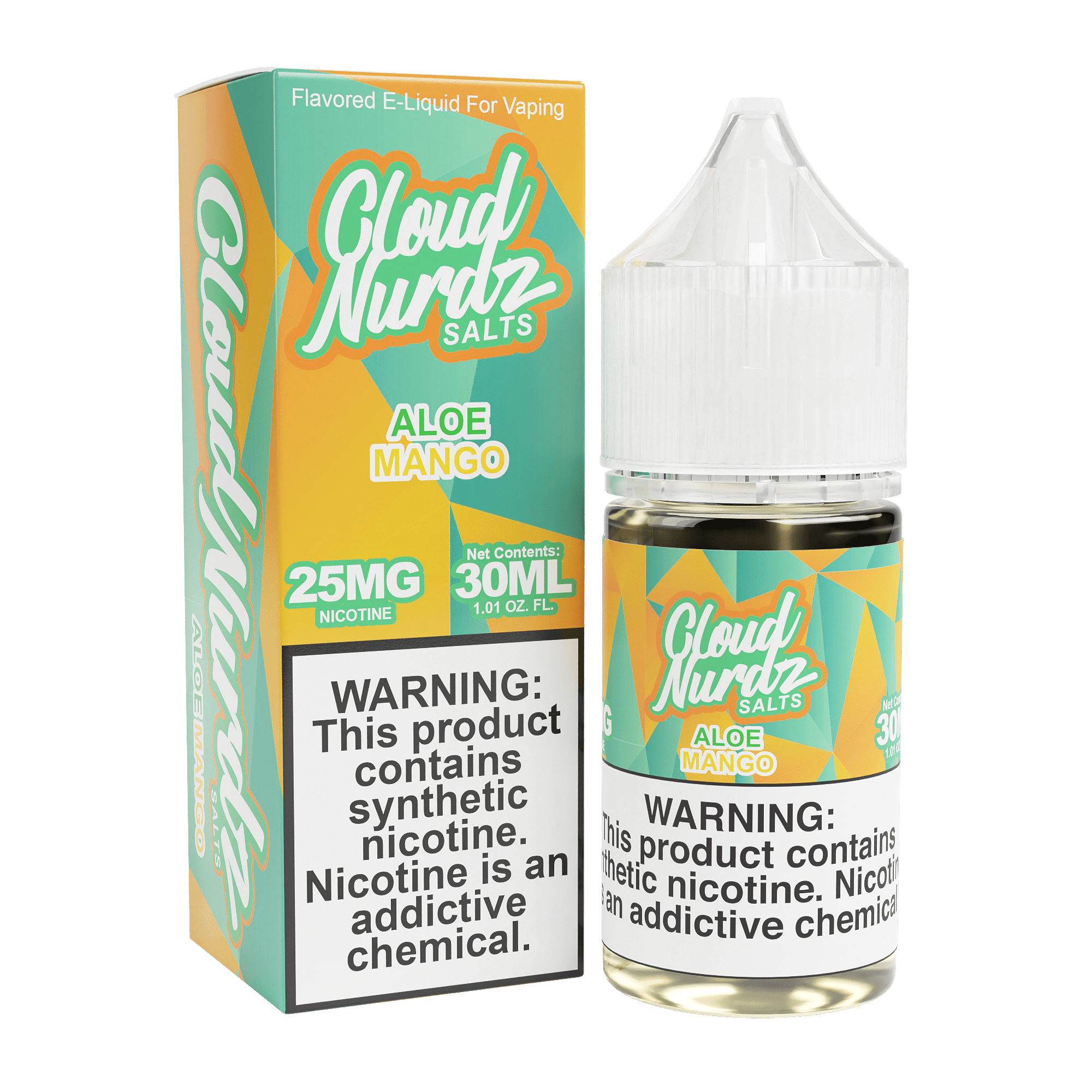 Cloud Nurdz Aloe Mango Salt e-liquid bottle, 30mL, with vibrant label featuring aloe and mango flavor imagery.