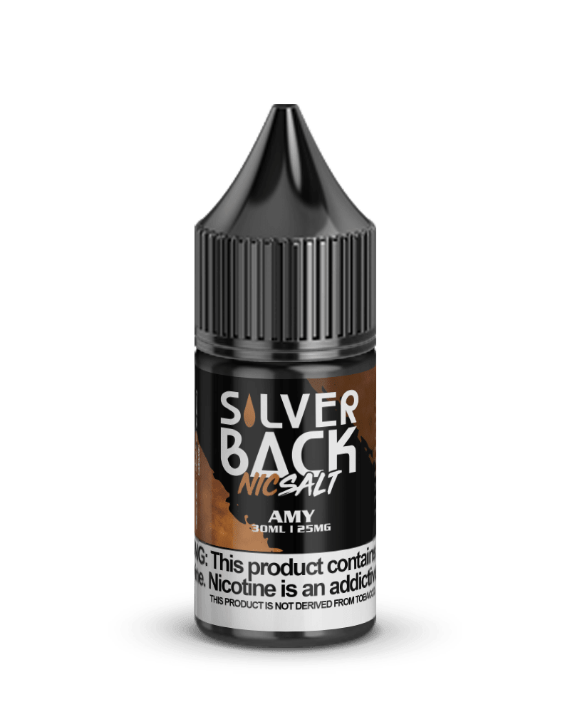 Silverback Juice Co. Amy SALT e-liquid bottle, 30mL size, with silver and black label, designed for vaping.
