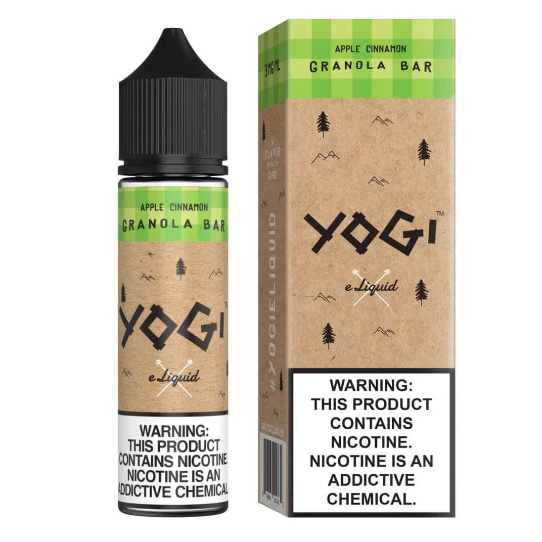 Yogi E-Liquid Apple Cinnamon Granola Bar flavor 60mL e-liquid bottle, with apple, cinnamon, and granola imagery.