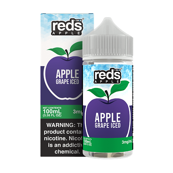 Red's Apple E-Juice by 7 Daze Apple Grape ICED e-liquid bottle with colorful label, 100mL vape juice packaging.