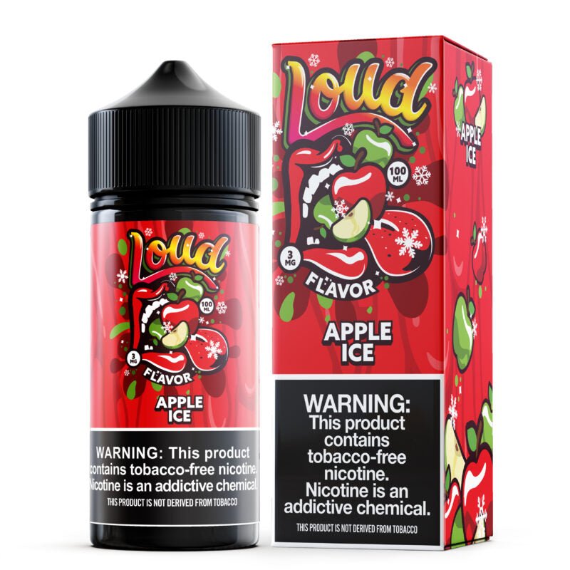 Apple ICE Loud e-liquid 100mL bottle with fresh apple and cool menthol flavor in a clear plastic container.