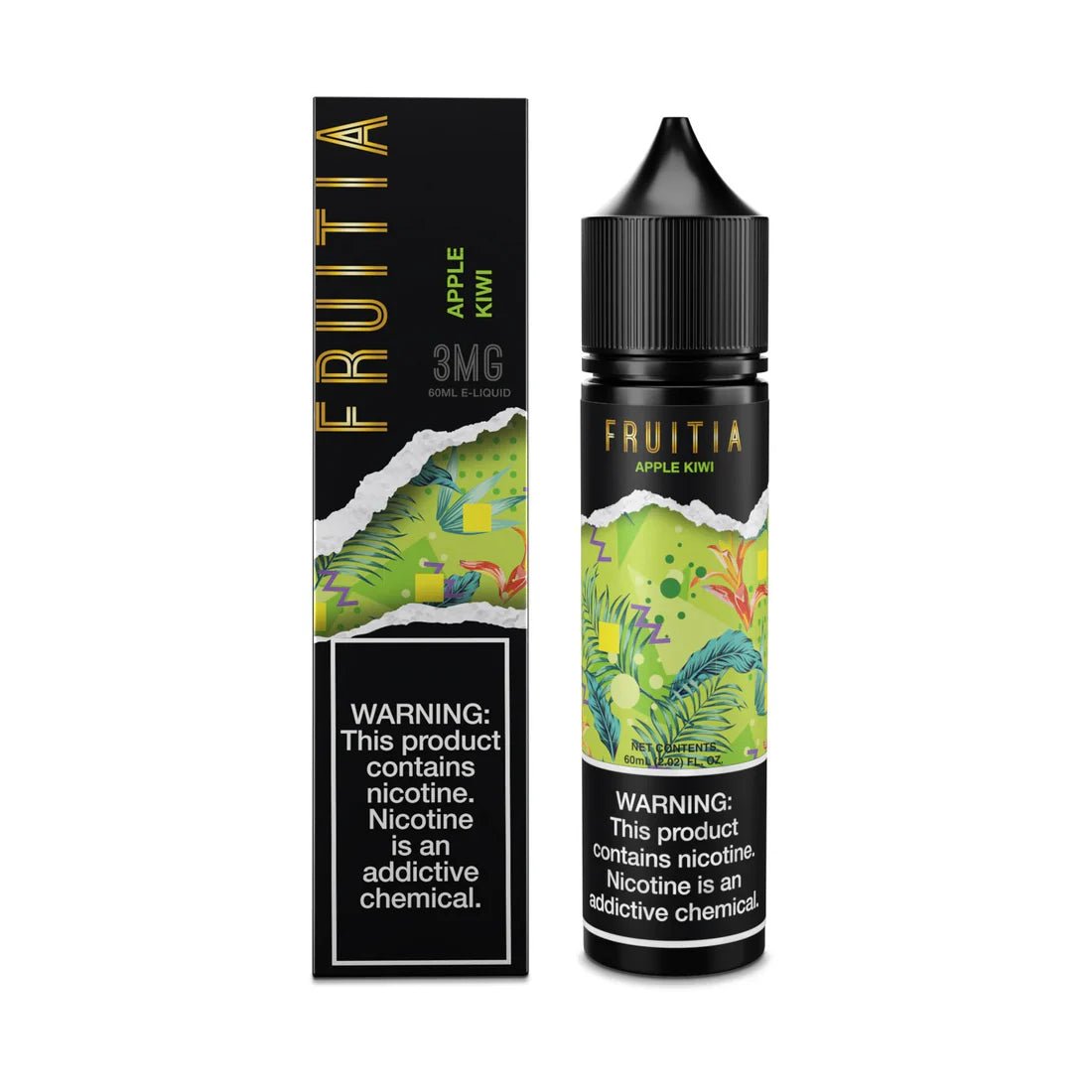 Apple Kiwi Fruitia e-liquid bottle with colorful label, 60mL size, featuring fresh apple and kiwi fruit imagery.