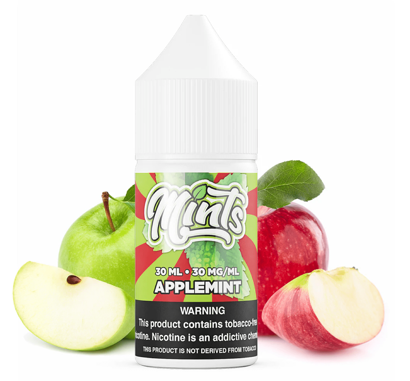 Apple Mint SALT e-liquid by Mints Vape Co. in a 30mL bottle, featuring a refreshing apple and mint flavor.
