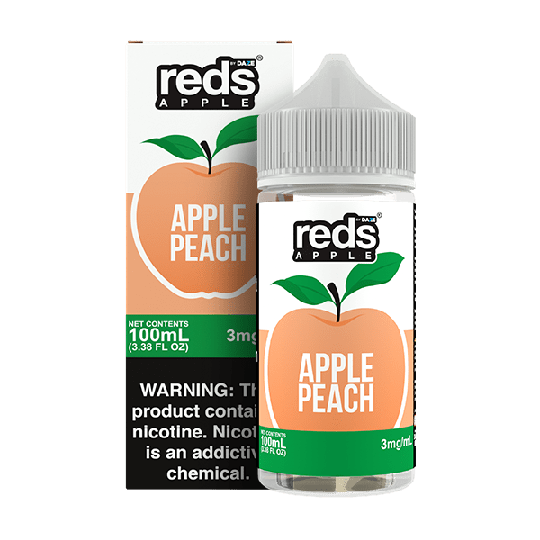 Red's Apple Peach e-liquid bottle by 7 Daze featuring a red apple and peach flavor label, 100mL size for vaping.