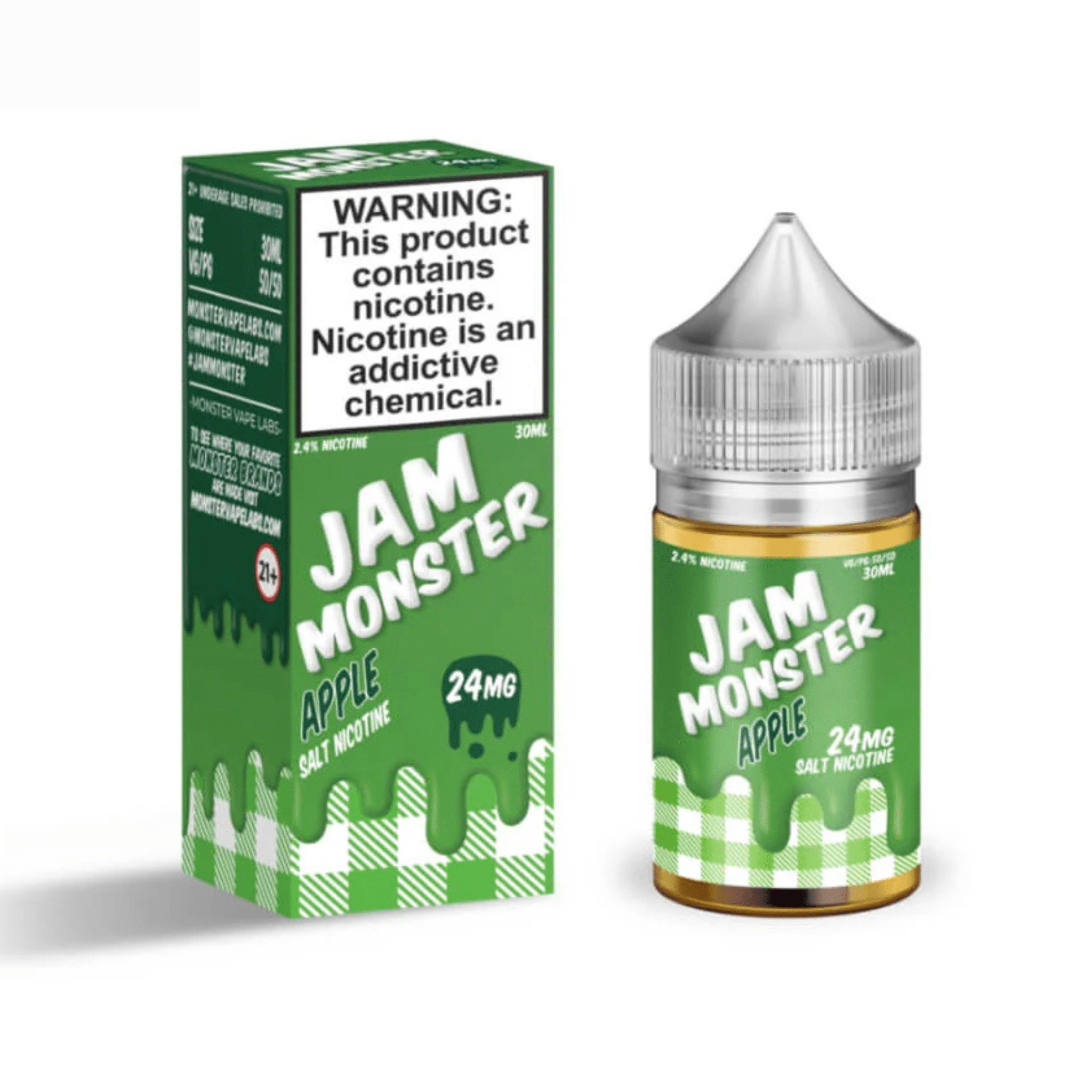 Apple SALT e-liquid by Jam Monster E-Liquid in a 30mL bottle, featuring a crisp apple flavor with a smooth salt nicotine finish.