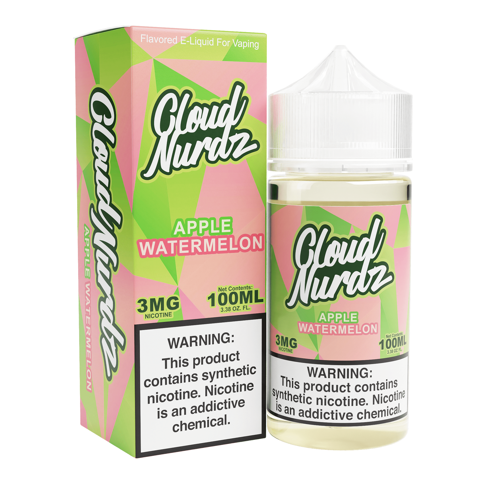 Apple Watermelon Cloud Nurdz e-liquid 100mL bottle showing vibrant label with apple and watermelon flavors.