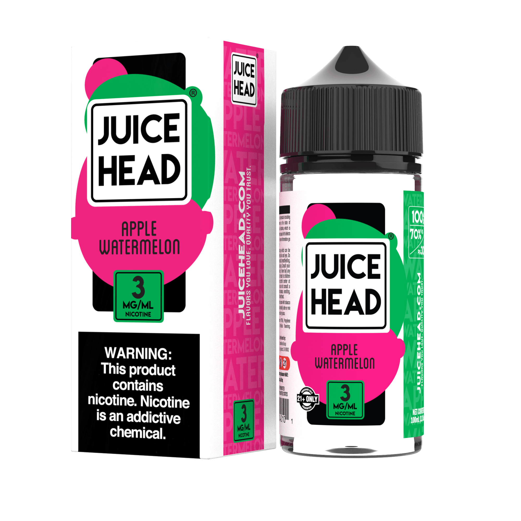 Juice Head Apple Watermelon e-liquid bottle, 100mL, with vibrant label showing fresh apple and watermelon flavors.