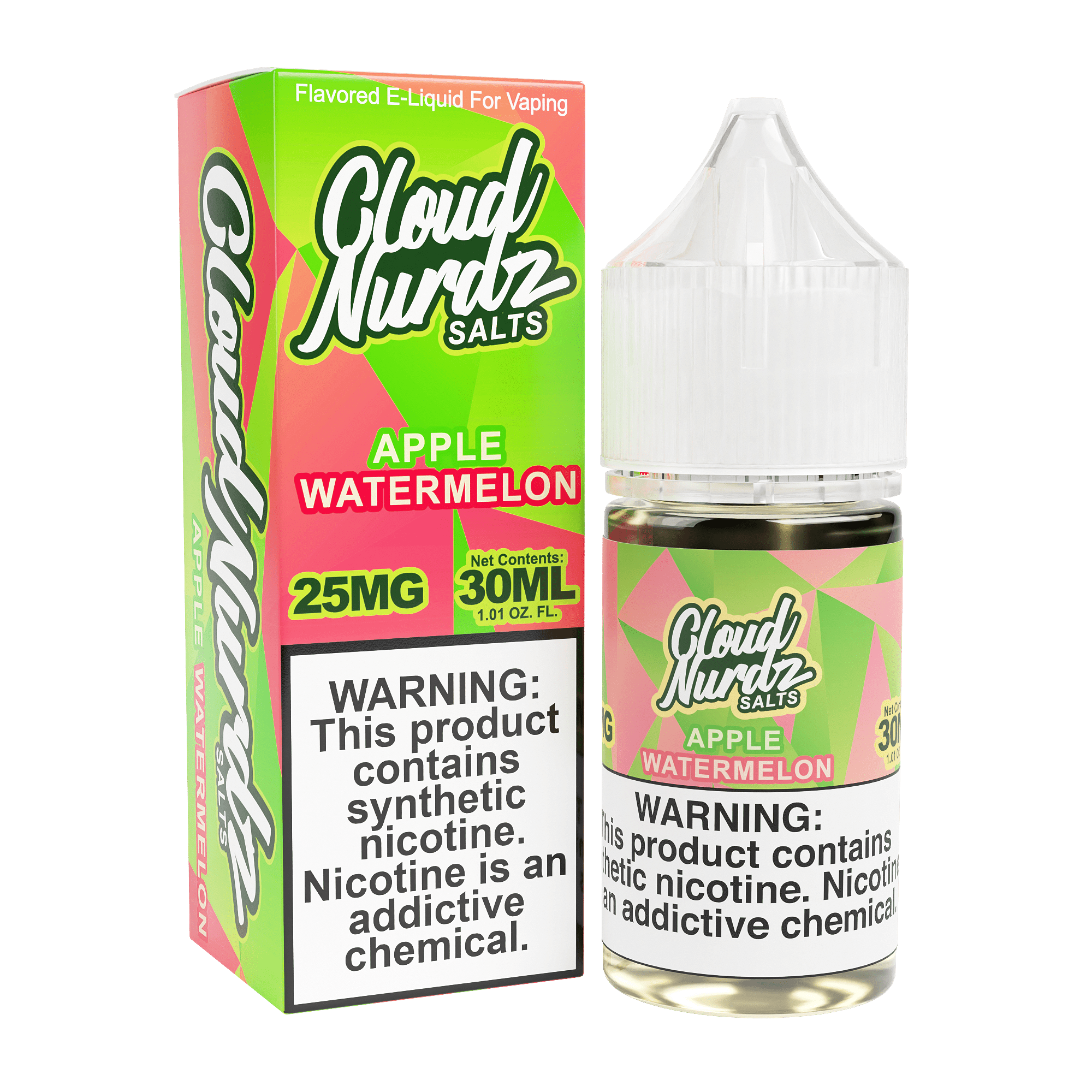 Apple Watermelon SALT e-liquid by Cloud Nurdz in 30mL bottle featuring a flavor blend of fresh apple and juicy watermelon.
