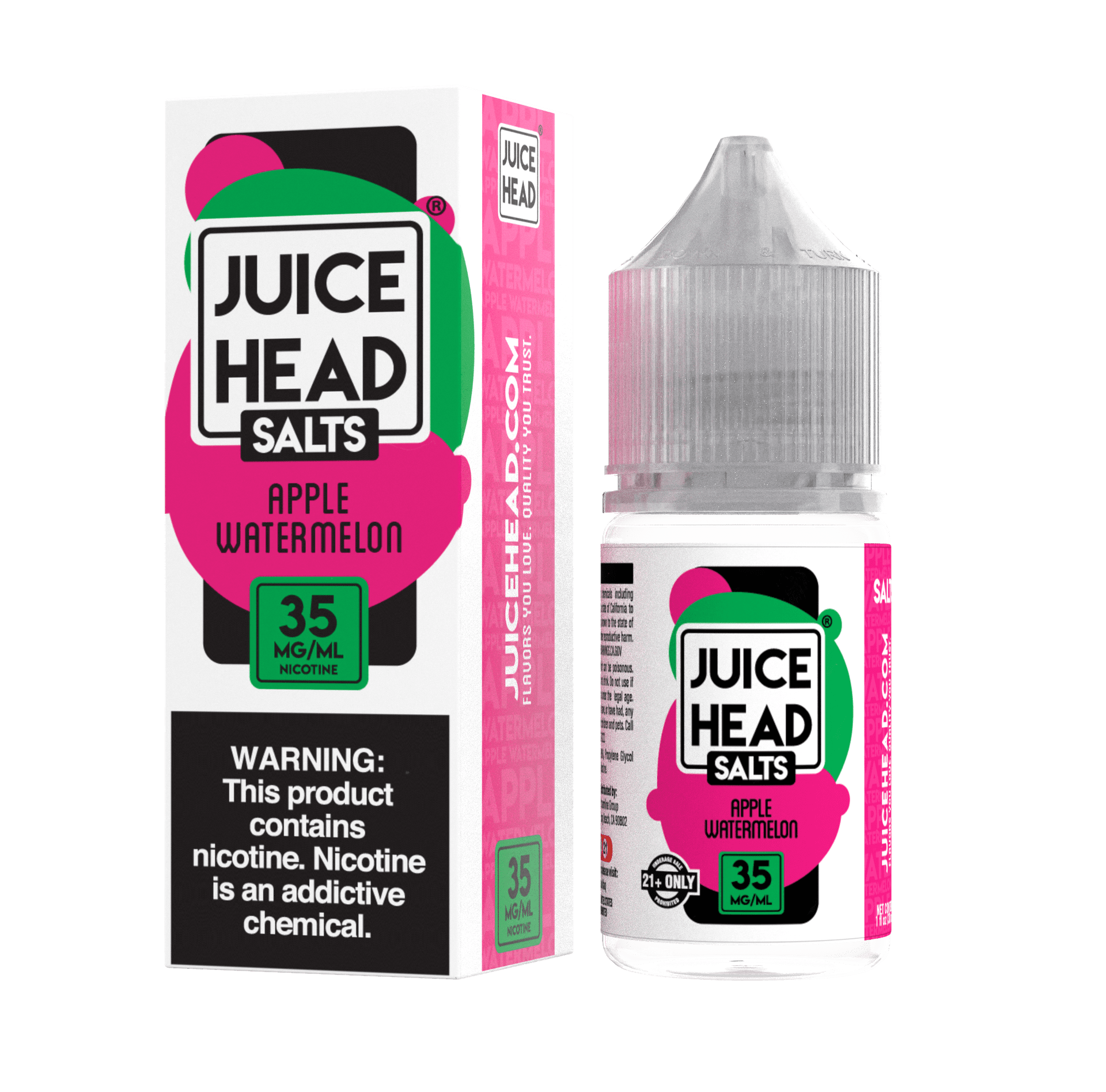 Apple Watermelon SALT e-liquid by Juice Head in a 30mL bottle, featuring a blend of crisp apple and sweet watermelon flavors.