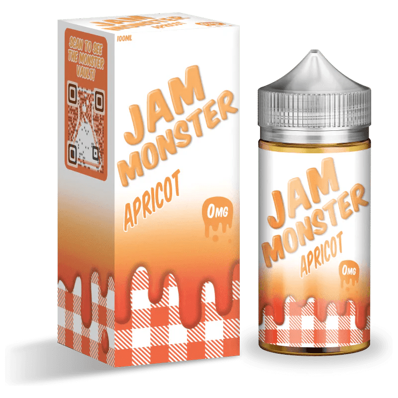 Apricot flavored Jam Monster E-Liquid in a 100mL bottle, featuring vibrant apricot fruit and jam imagery.