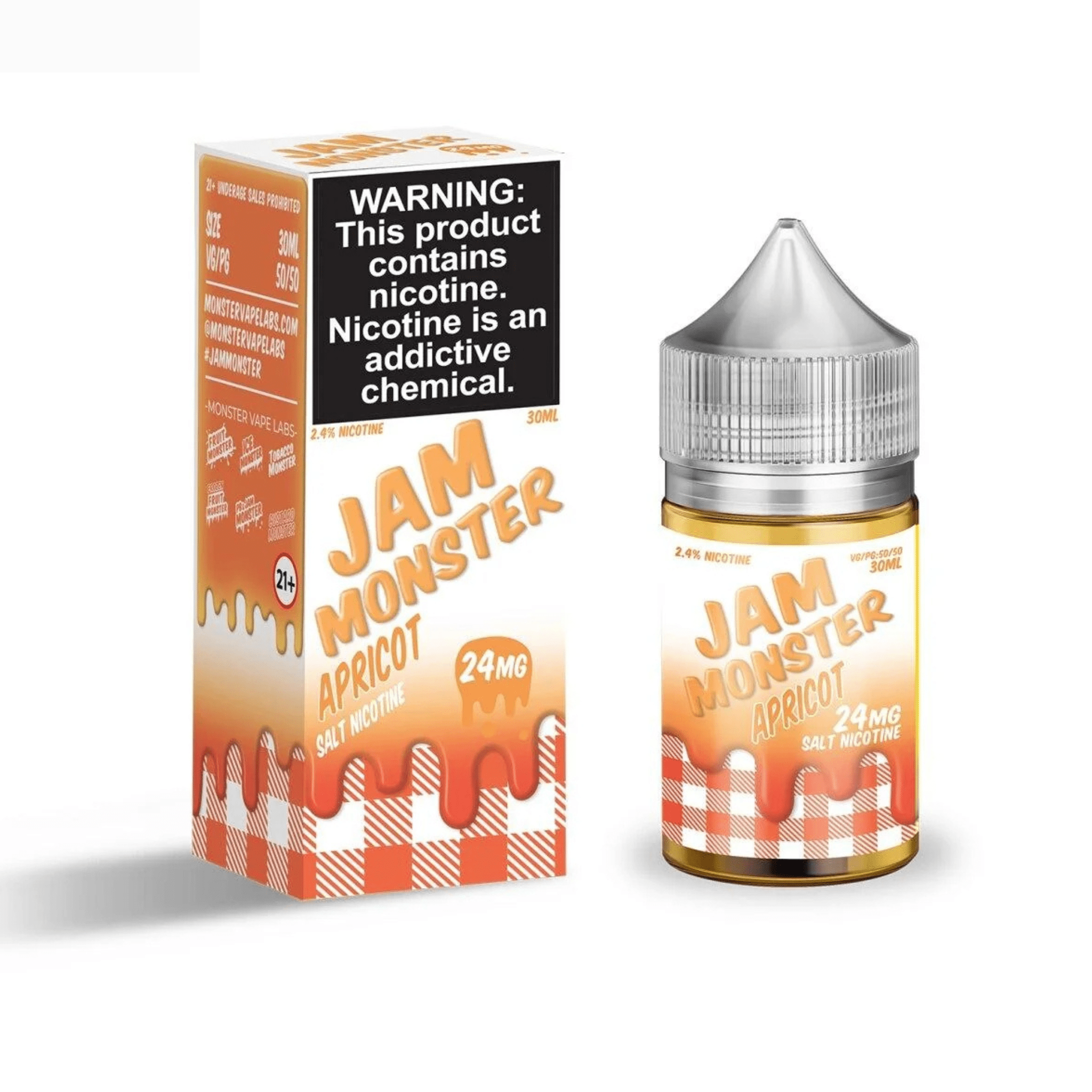 Apricot SALT e-liquid by Jam Monster in 30mL bottle, featuring a smooth apricot flavor for vaping.