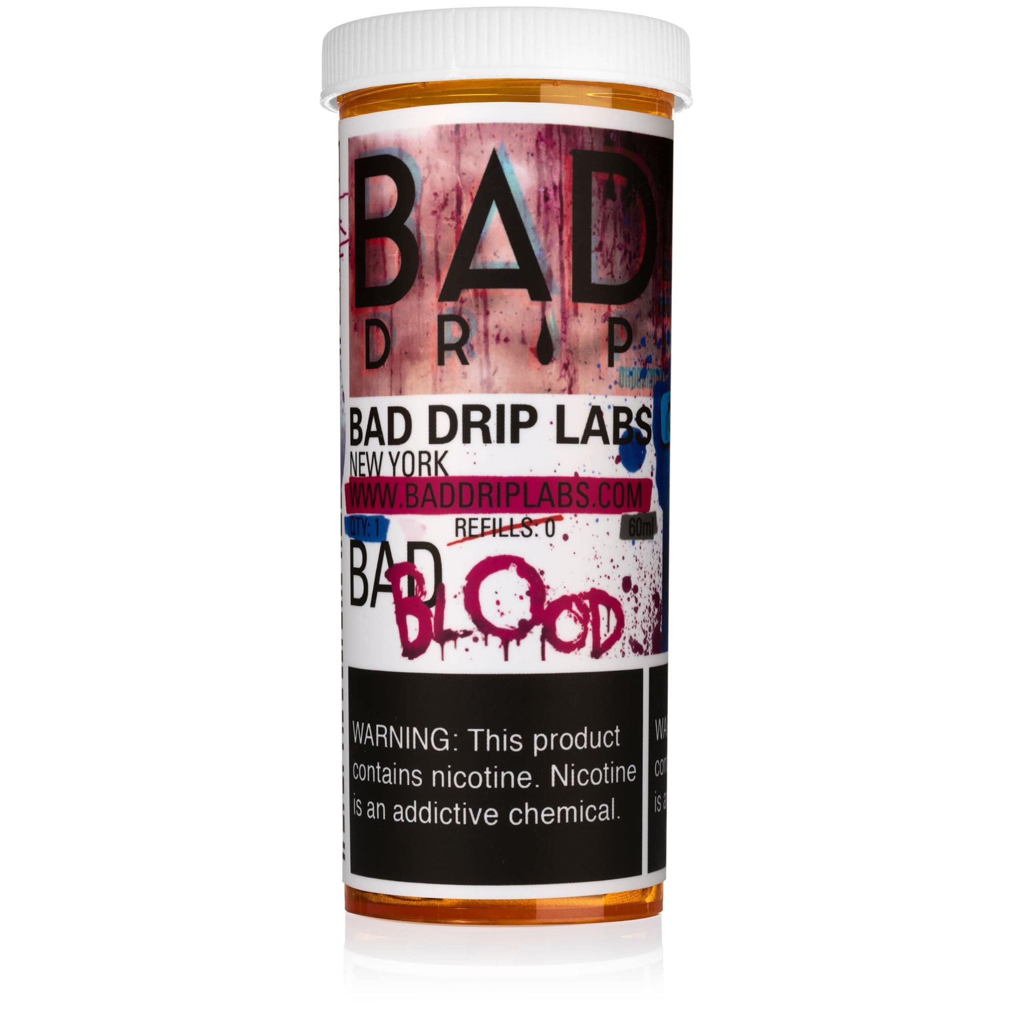 Bottle of Bad Blood e-liquid by Bad Drip Labs in a 60mL bottle, featuring dark red and black packaging design.