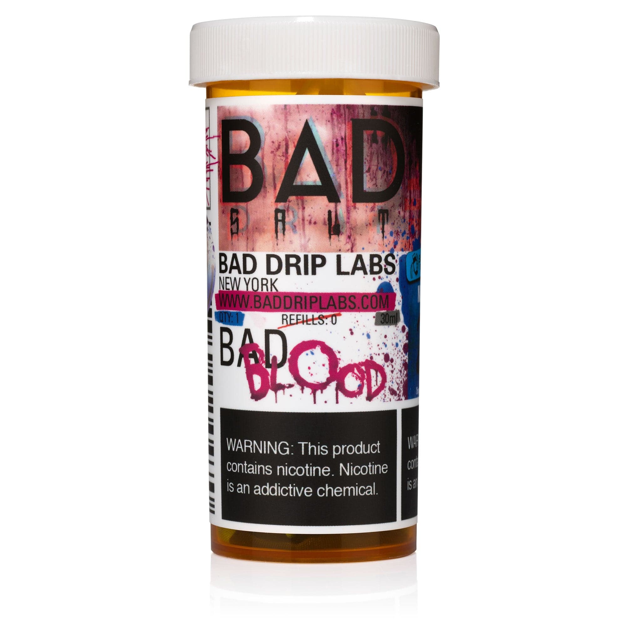 Bad Blood Salt e-liquid by Bad Drip Labs in a 30mL bottle, featuring vibrant red and black packaging with the product label visible.
