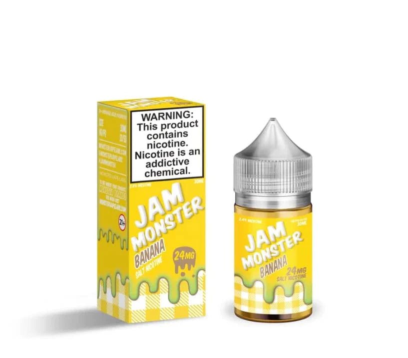 Banana SALT Jam Monster E-Liquid bottle with yellow and black label, 30mL e-liquid for vaping.
