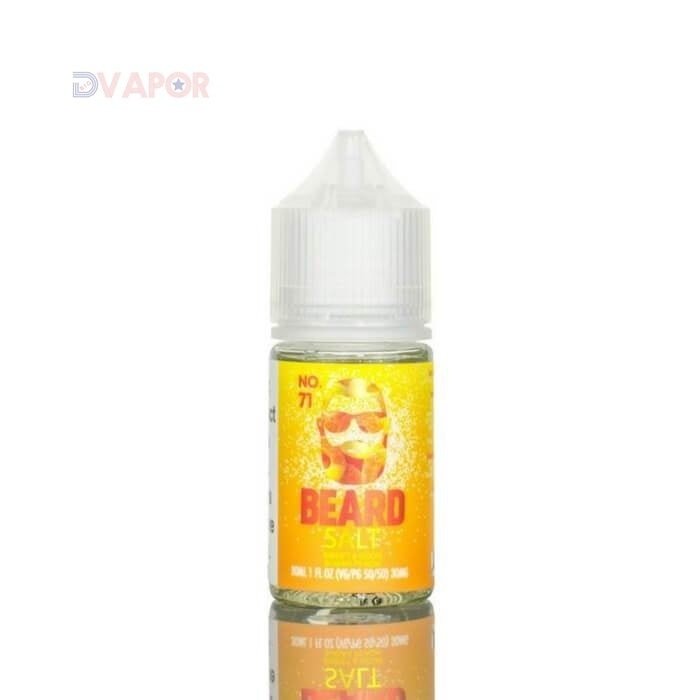 Beard Vape Co Beard Salts No. 71 Sweet and Sour Sugar Peach e-liquid bottle, 30ml, with peach flavor label and clear bottle.
