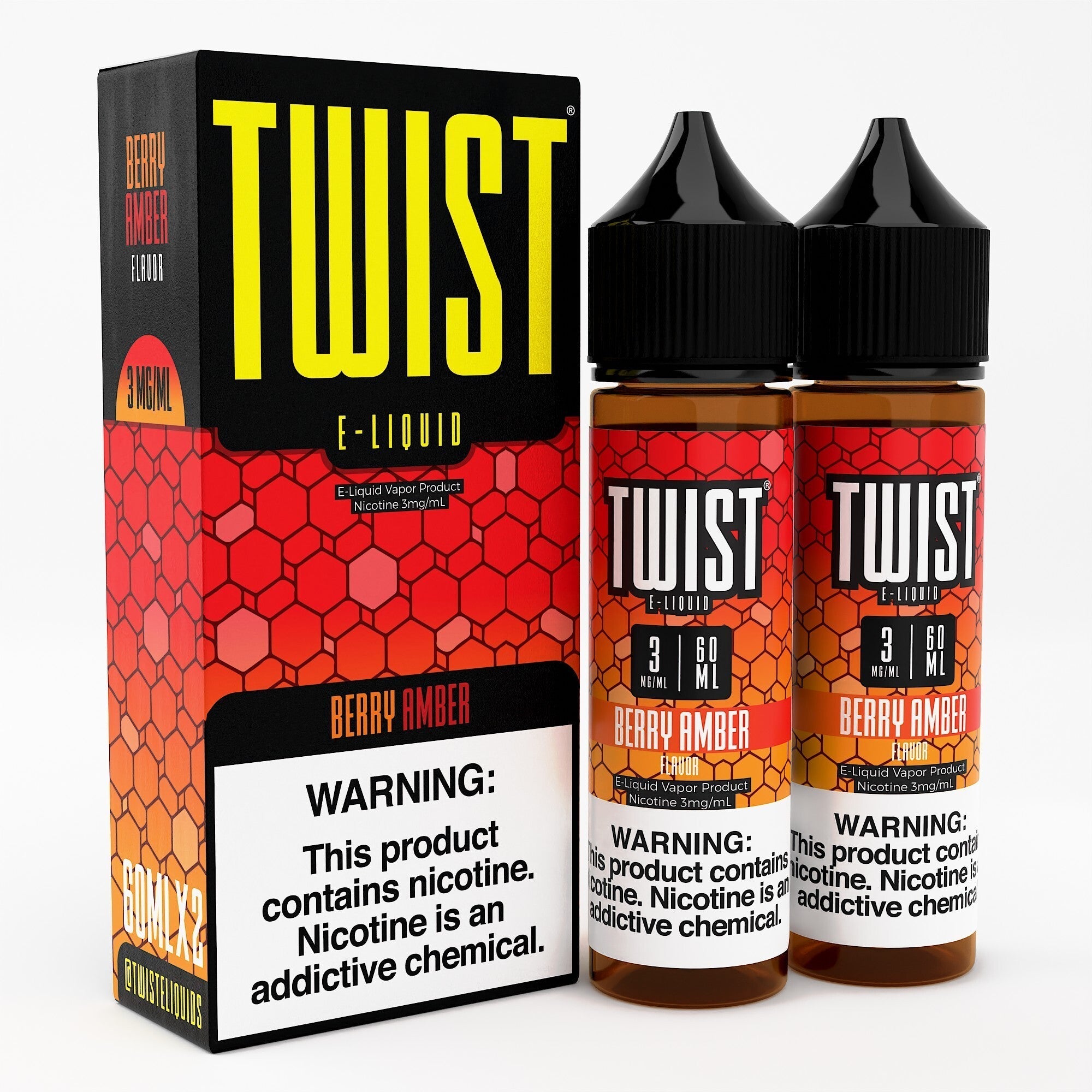 Berry Amber Twist E-Liquids 120mL e-liquid bottle with a vibrant berry and amber flavor label, showcasing the product packaging.