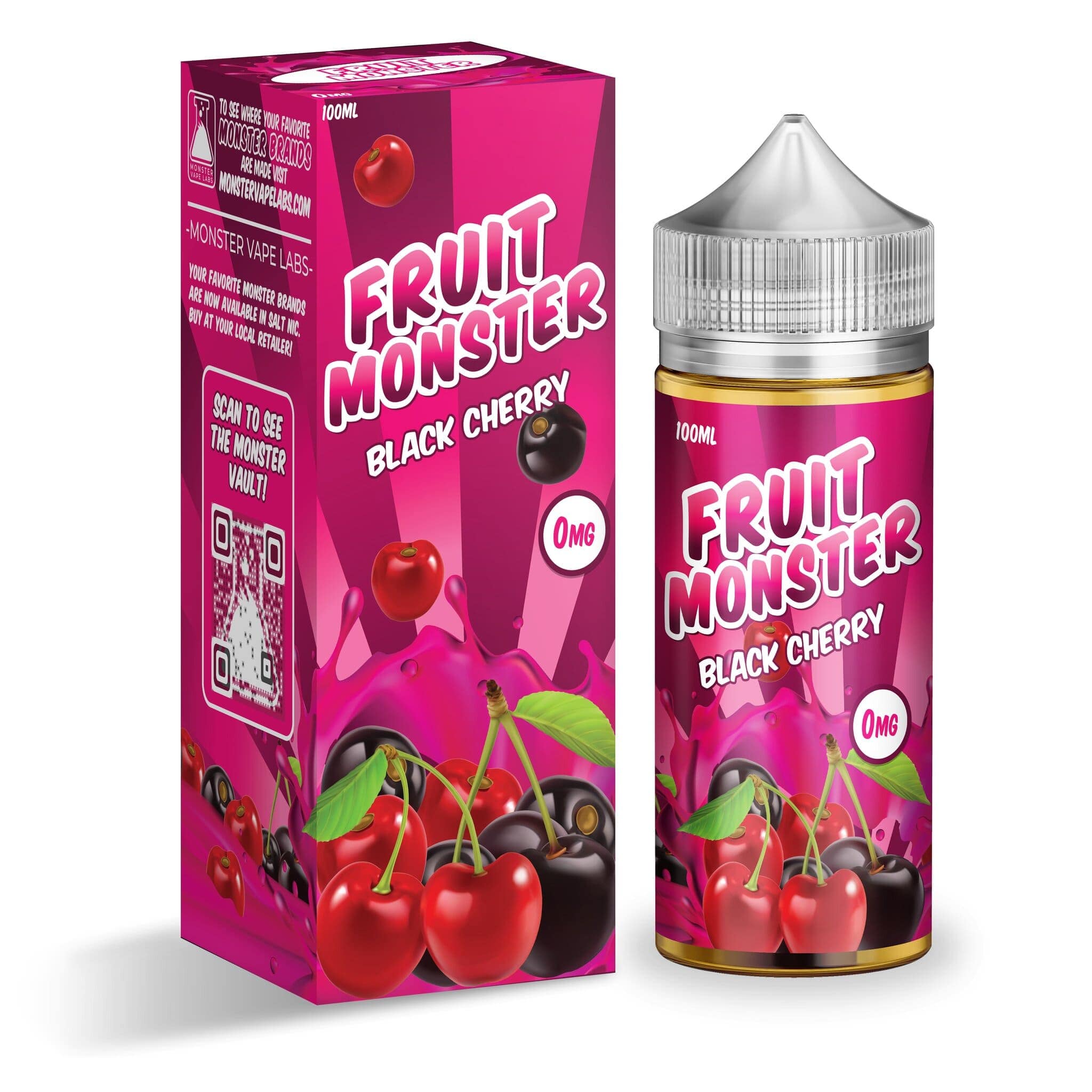 Black Cherry Fruit Monster e-liquid 100mL bottle with dark cherry flavor for vaping, featuring vibrant black cherry graphics on the label.