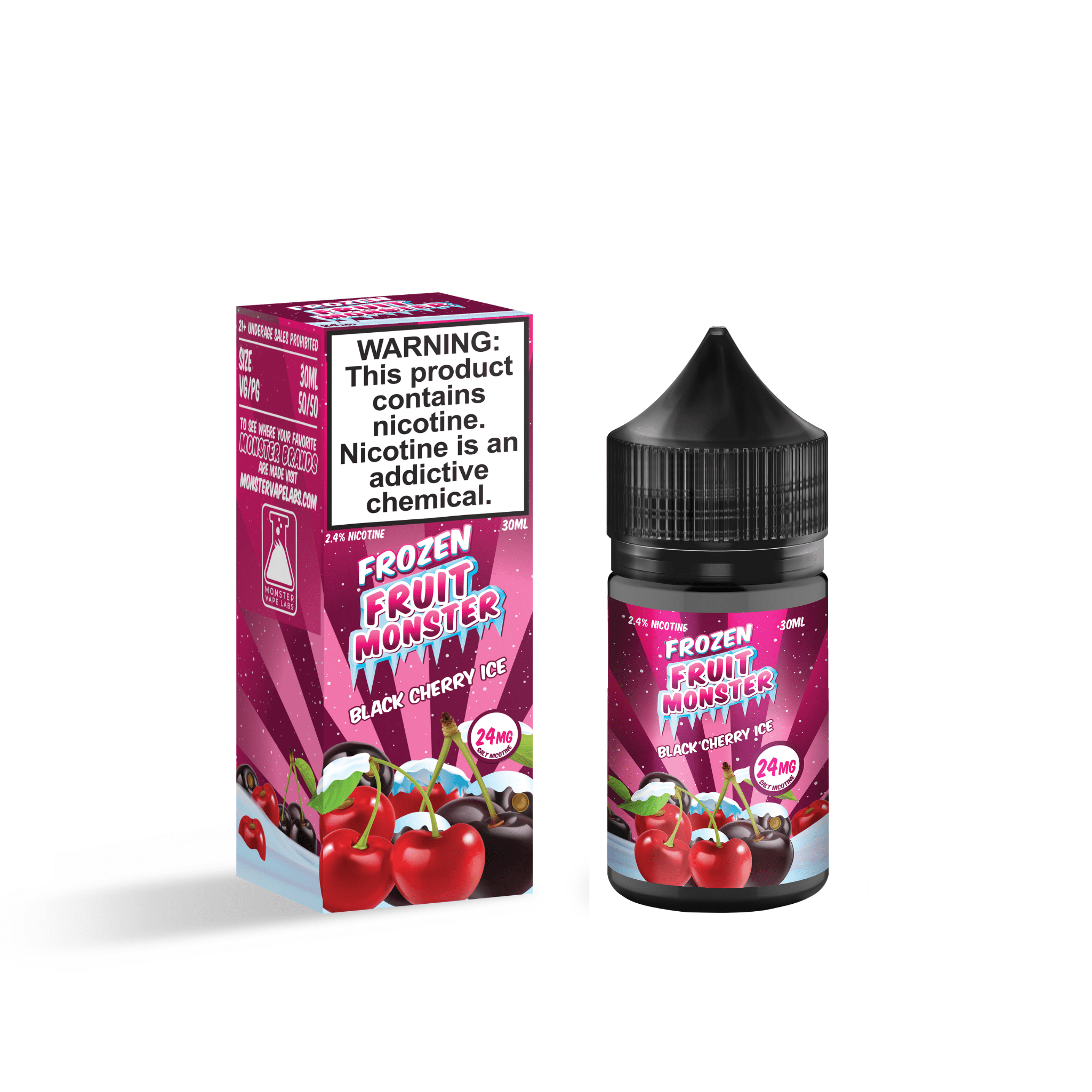 Black Cherry ICE SALT e-liquid by Fruit Monster in 30mL bottle, featuring a frozen cherry flavor with icy menthol notes.