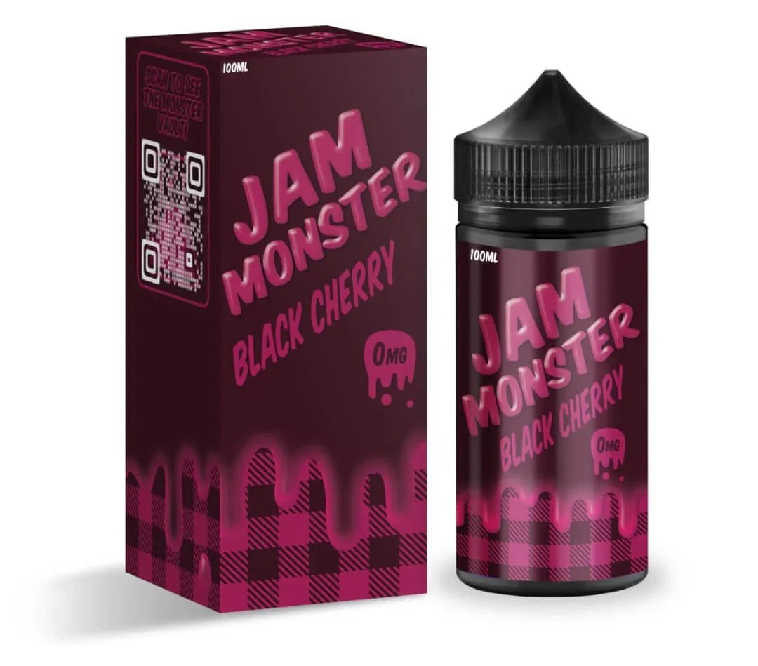 Black Cherry Jam Monster E-Liquid 100mL bottle with label featuring black cherries and vibrant design, ideal for vaping.