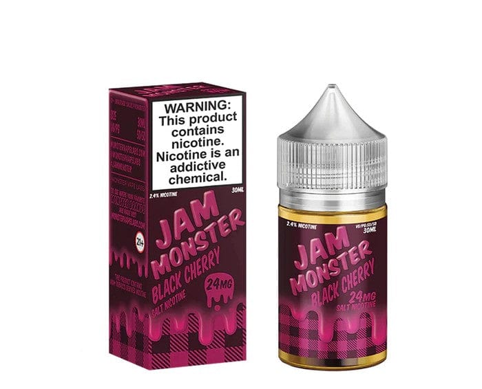 Black Cherry SALT e-liquid by Jam Monster E-Liquid in 30mL bottle, featuring dark cherry flavor and salt nicotine for vaping.