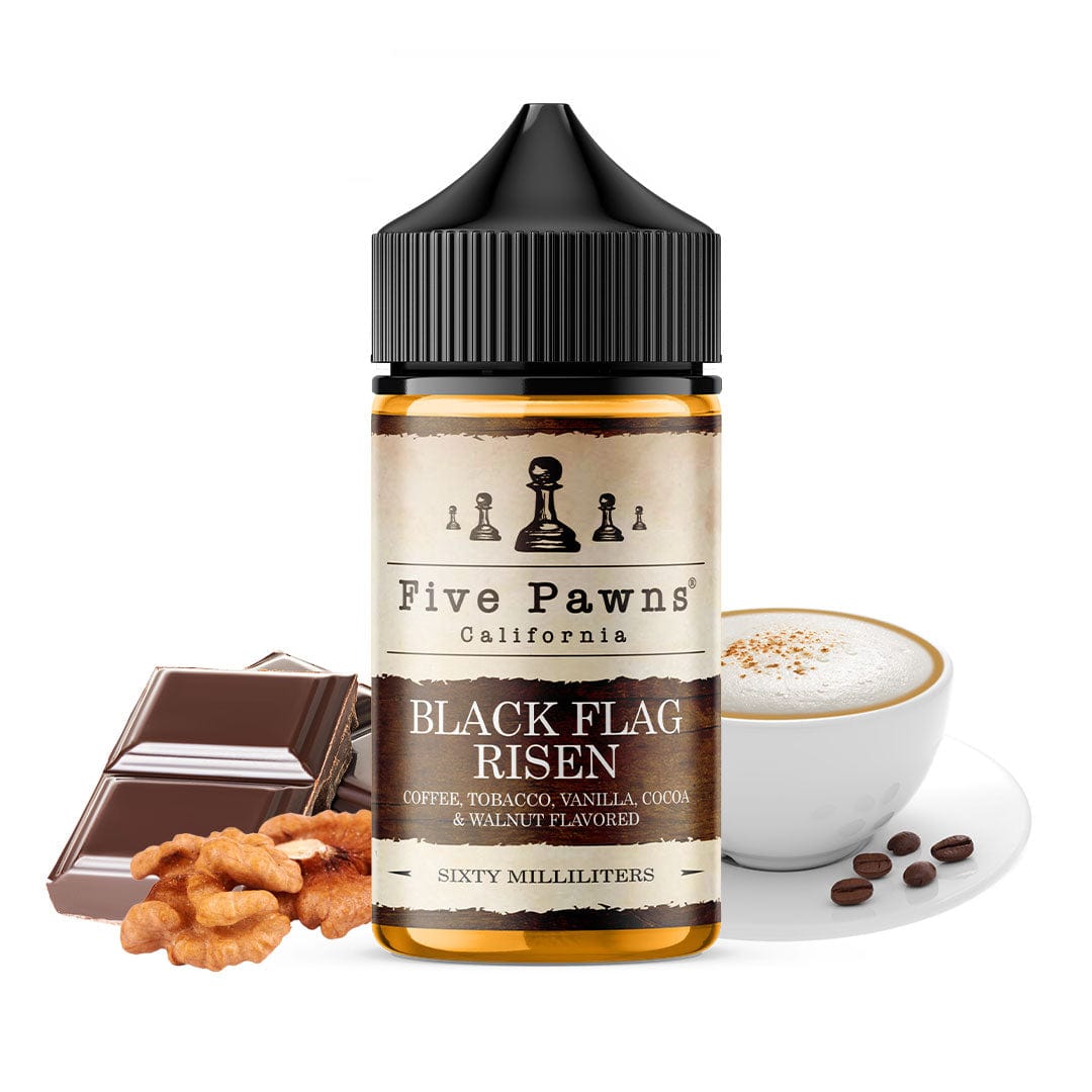 Black Flag Risen e-liquid by Five Pawns in a 60mL bottle, featuring dark, rich flavor with detailed packaging and branding.