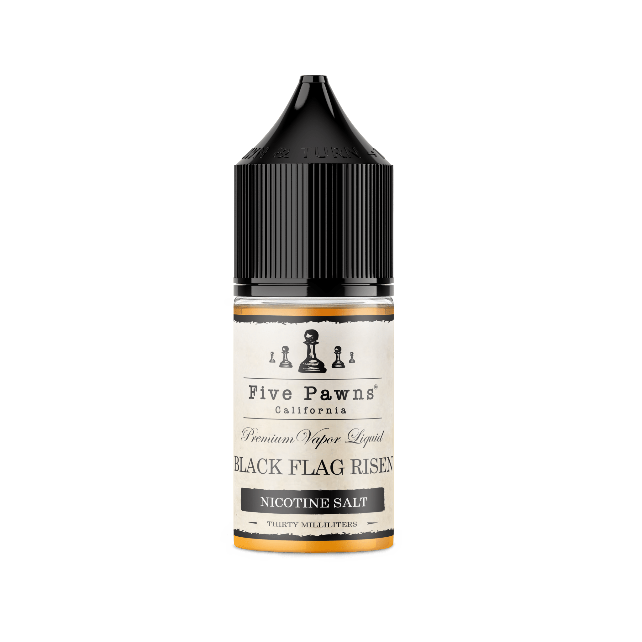 Black Flag Risen SALT e-liquid by Five Pawns in a 30mL bottle, featuring dark, rich flavor with a smooth, premium vape experience.