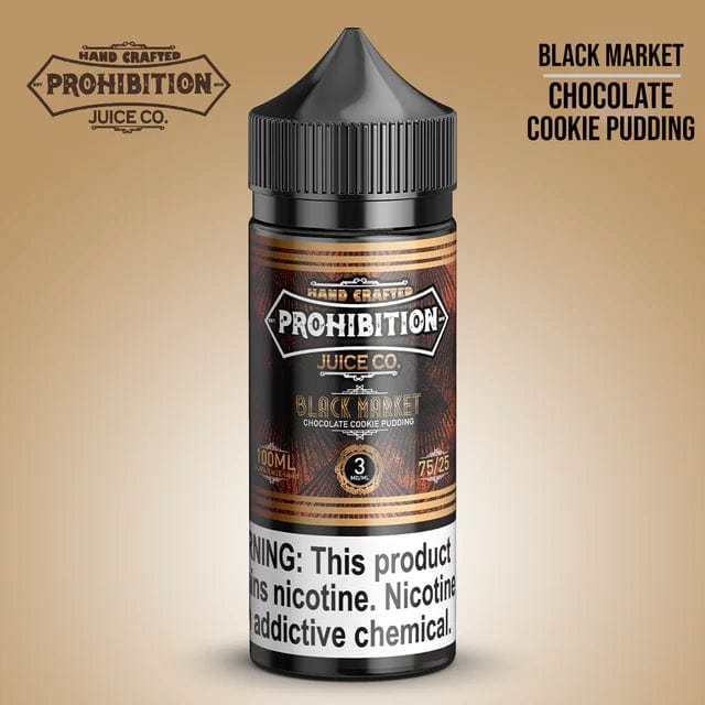 Black Market e-liquid by Prohibition Juice Co., 100mL bottle with black and red label, showcasing the product's packaging.