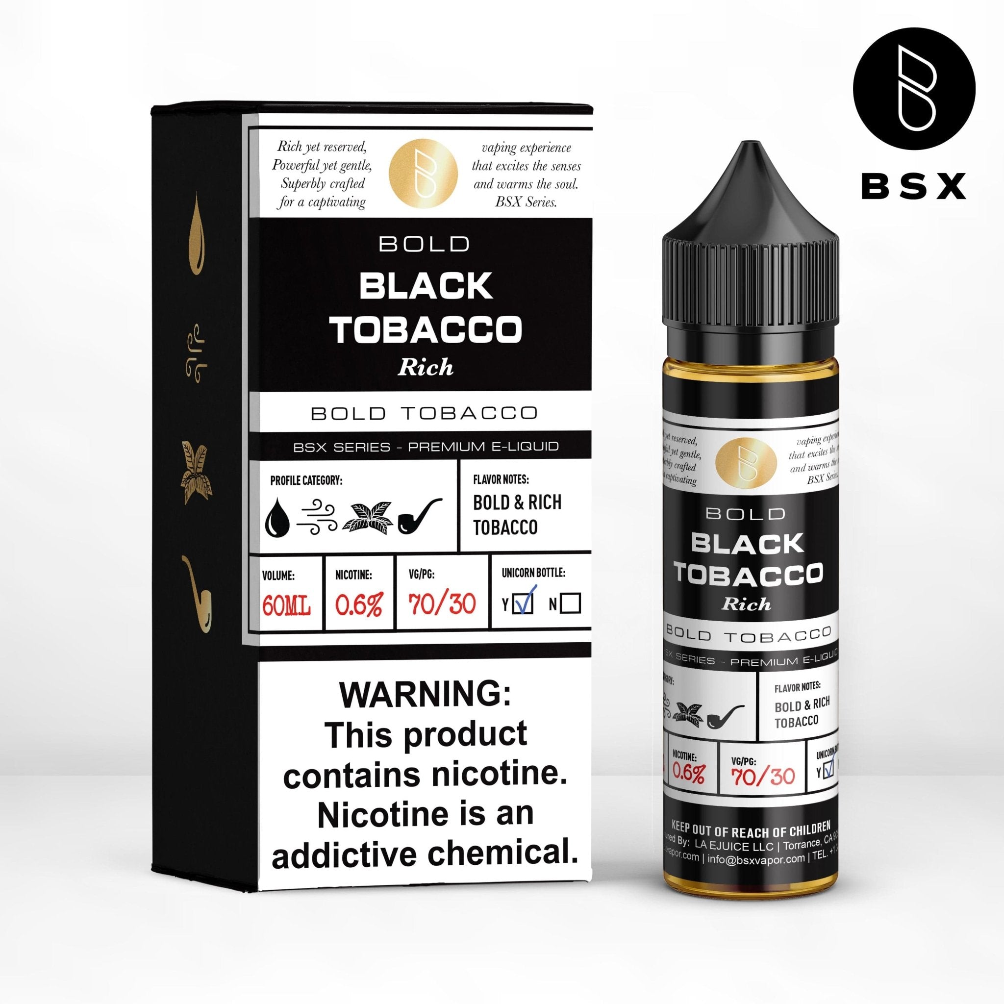 Black Tobacco BSX Series 60mL e-liquid bottle from BSX Vapor with dark label and black tobacco flavor.