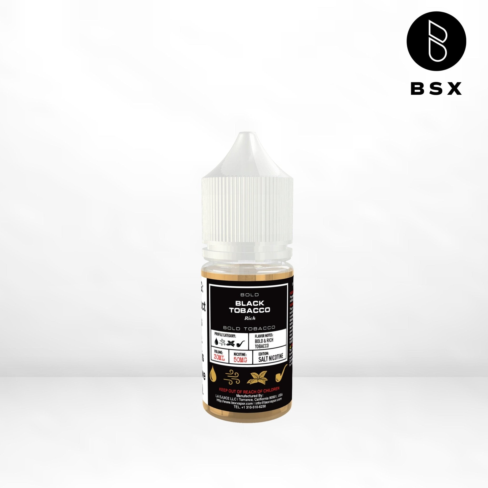 Black Tobacco SALT e-liquid by BSX Vapor in 30mL bottle, featuring rich tobacco flavor for vaping.