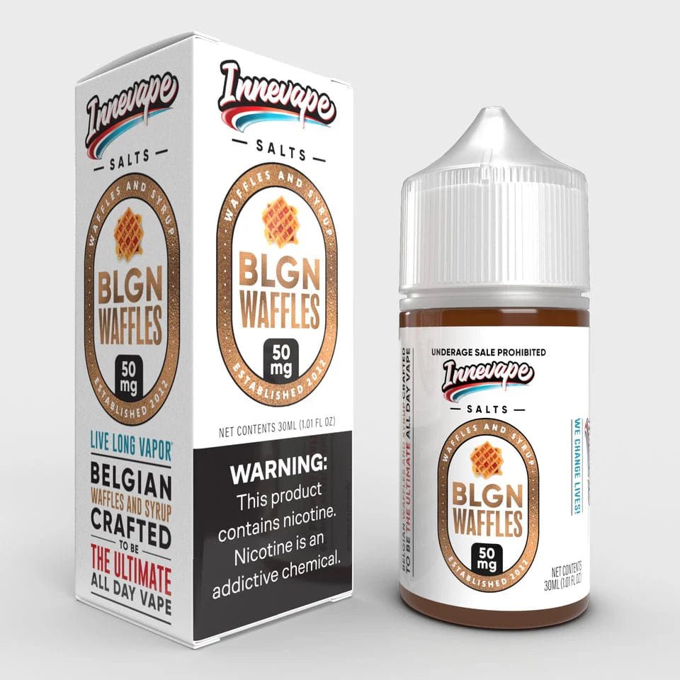 Innevape BLGN Waffles SALT e-liquid 30mL bottle with label showing waffle flavor for vaping.