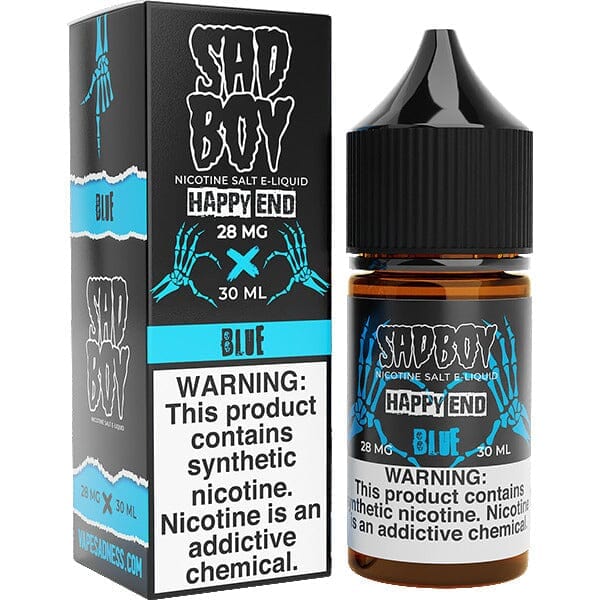 Blue Happy End Sadboy Salt E-liquid bottle with blue label and 30mL size, designed for vape devices.