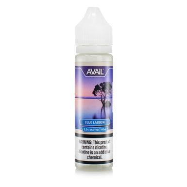 Blue Lagoon AVAIL Vapor 60mL e-liquid bottle with blue and green label featuring tropical lagoon imagery and branding.
