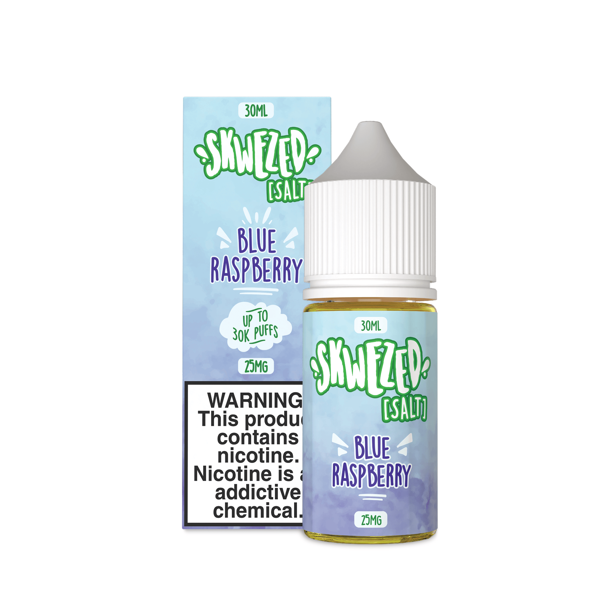 Skwezed Blue Raspberry Nicotine Salt e-liquid in 30mL bottle with blue raspberry flavor and vibrant packaging.