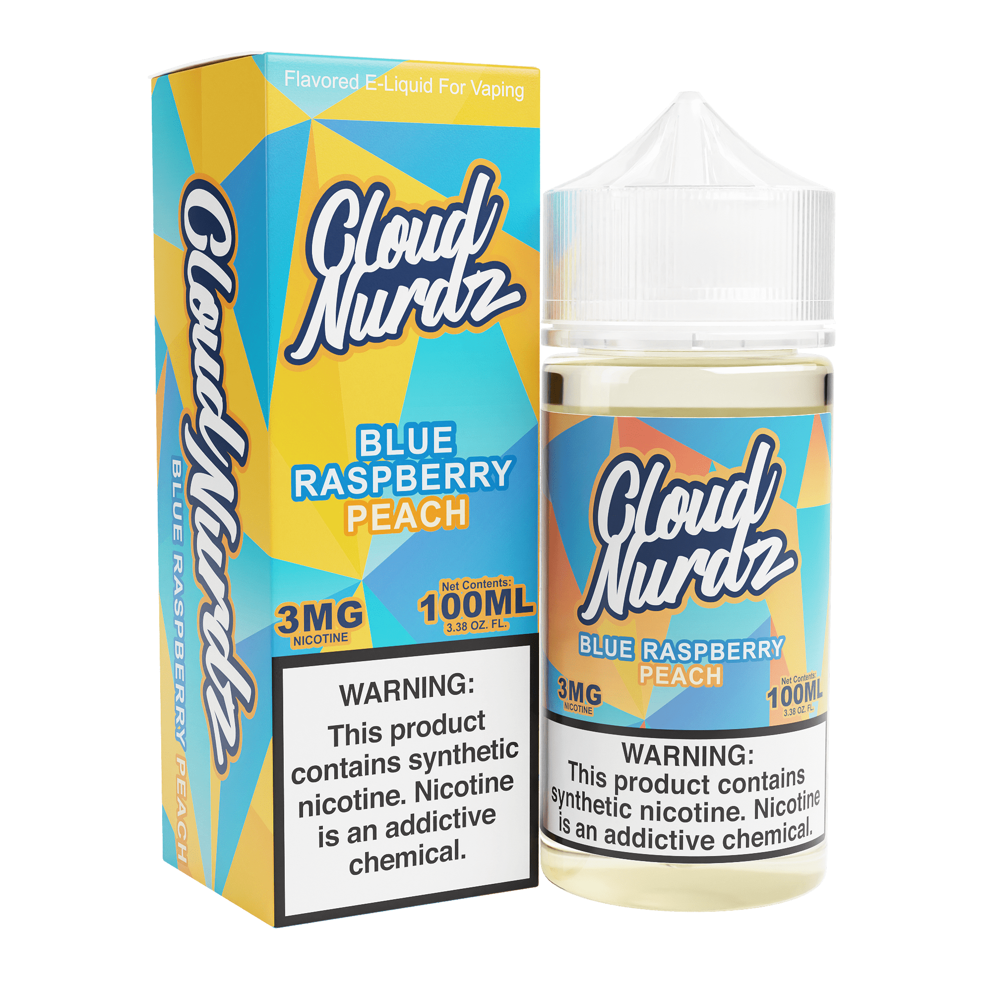 Blue Raspberry Peach Cloud Nurdz e-liquid bottle, 100mL size, featuring a vibrant label with blue raspberry and peach flavors.