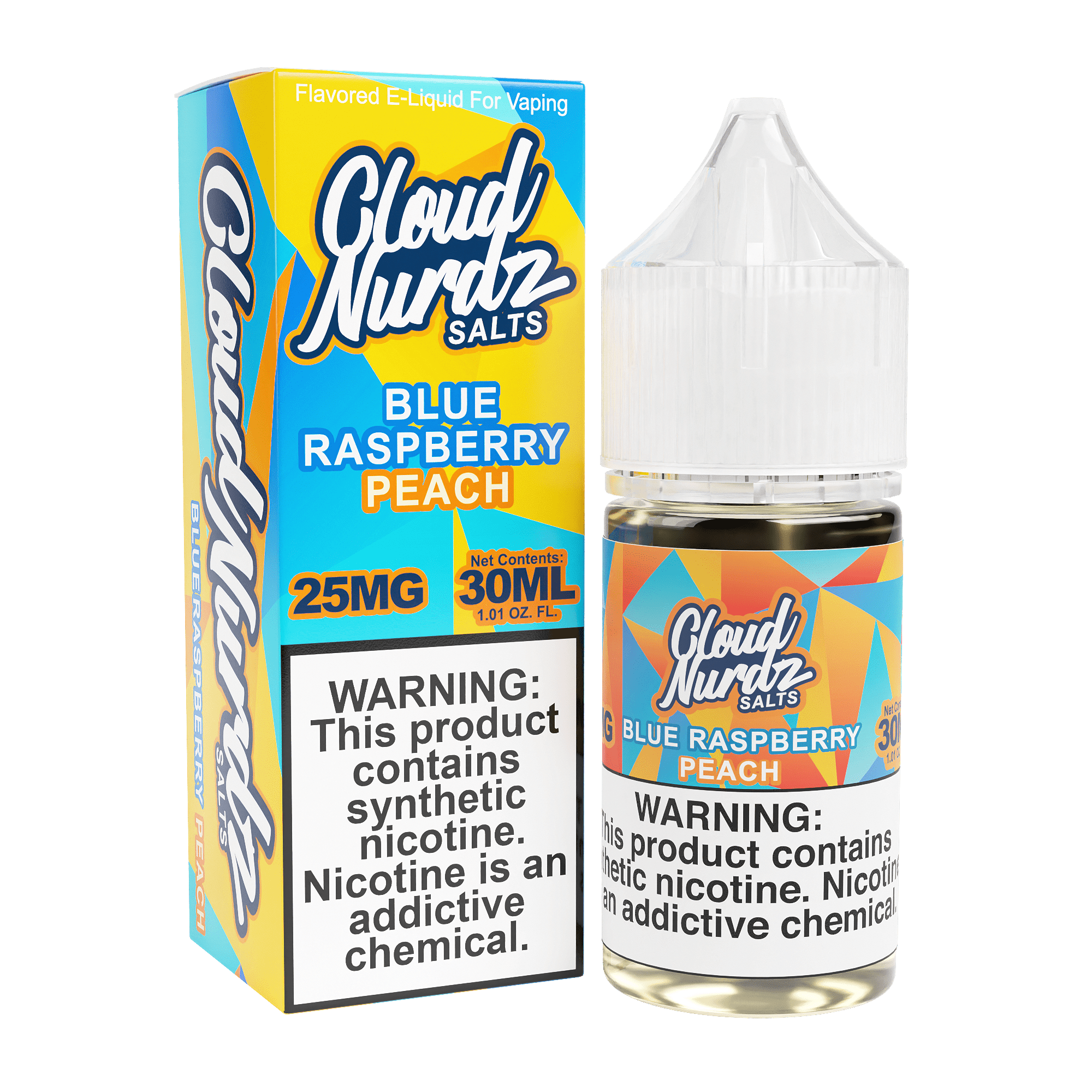 Blue Raspberry Peach Salt e-liquid by Cloud Nurdz in 30mL bottle, featuring a vibrant blue raspberry and peach flavor profile.