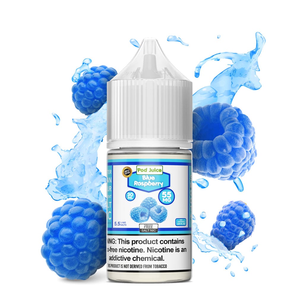 Blue Raspberry SALT e-liquid by Pod Juice in 30mL bottle, featuring vibrant blue raspberry flavor for vaping.