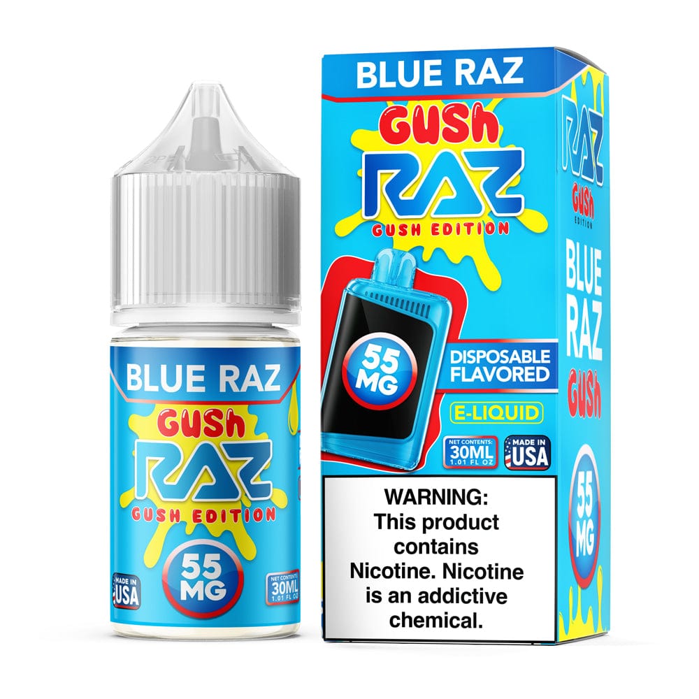 Blue Raz Gush Salt E-liquid by Pod Juice, 30mL, featuring a vibrant blue raspberry flavor in a sleek e-liquid bottle.