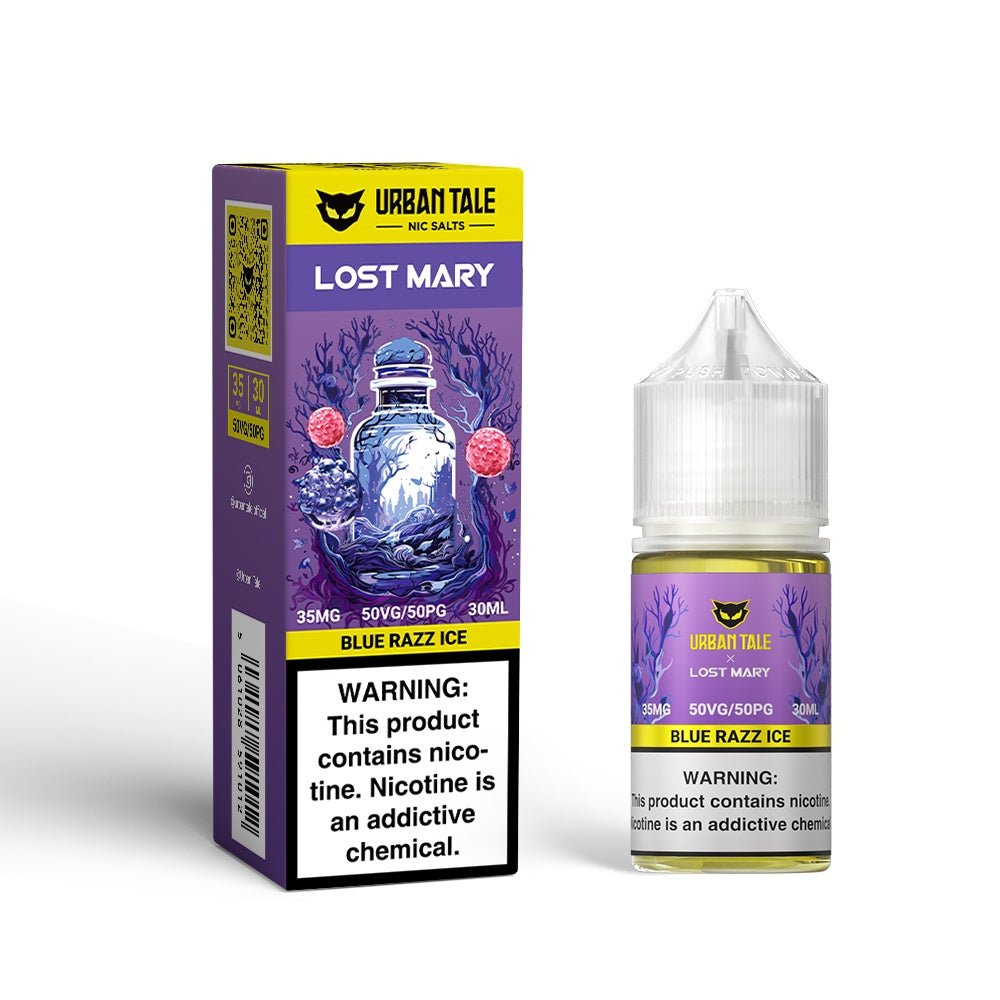 Blue Razz ICE Salt e-liquid by Urban Tale x Lost Mary in 30mL bottle, featuring vibrant blue raspberry flavor with icy menthol finish.