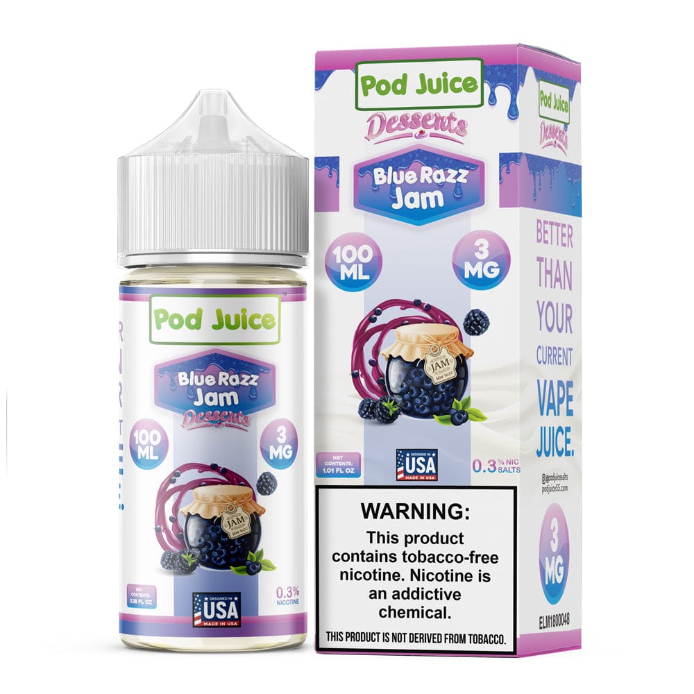 Blue Razz Jam Pod Juice e-liquid bottle, 100mL size with vibrant blue raspberry flavor, for use in vaping devices.