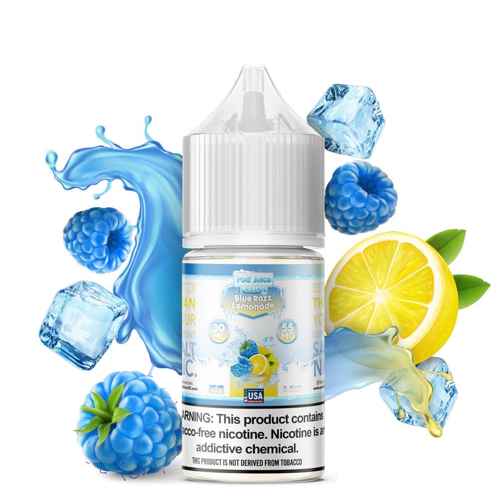 Blue Razz Lemonade Freeze Salt e-liquid by Pod Juice in a 30mL bottle, featuring vibrant blue raspberry and lemon flavor.