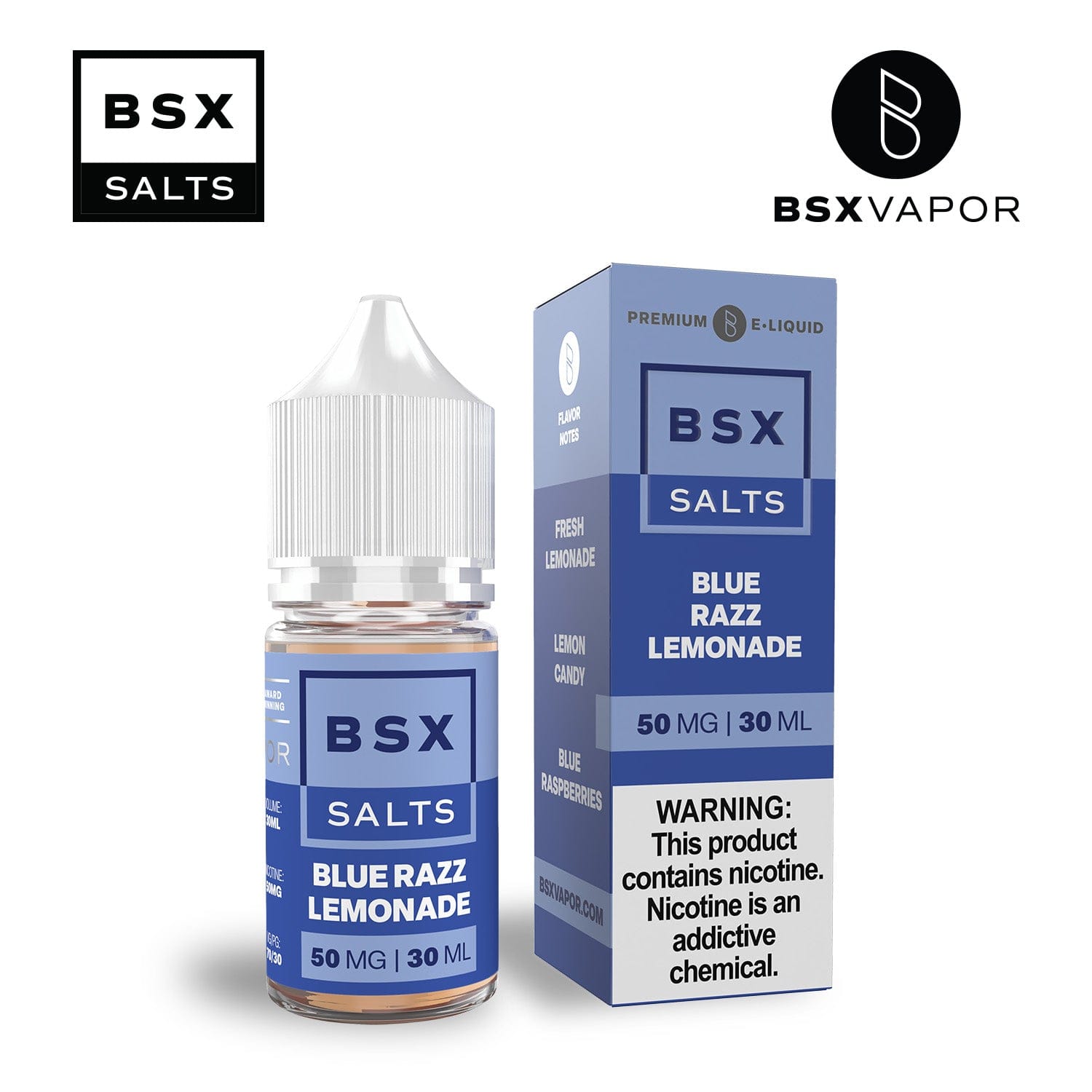 Blue Razz Lemonade SALT e-liquid by BSX Vapor in a 30mL bottle, featuring vibrant blue raspberry and lemonade flavor.