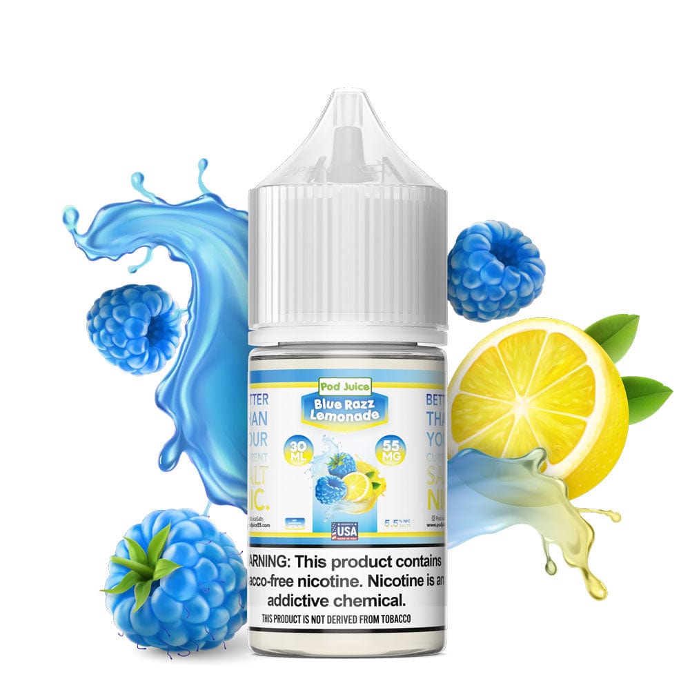 Blue Razz Lemonade SALT e-liquid by Pod Juice in a 30mL bottle, featuring vibrant blue raspberry and lemonade flavor.