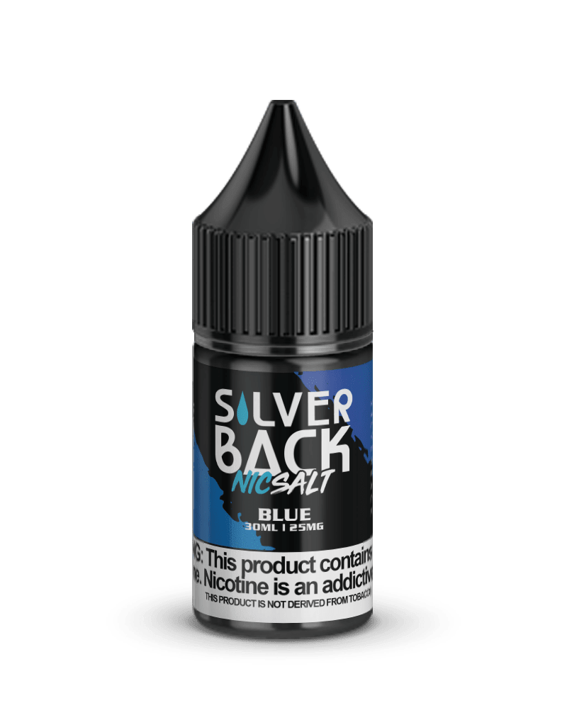 Blue SALT e-liquid by Silverback Juice Co. in a 30mL bottle with blue packaging and branding on the label.