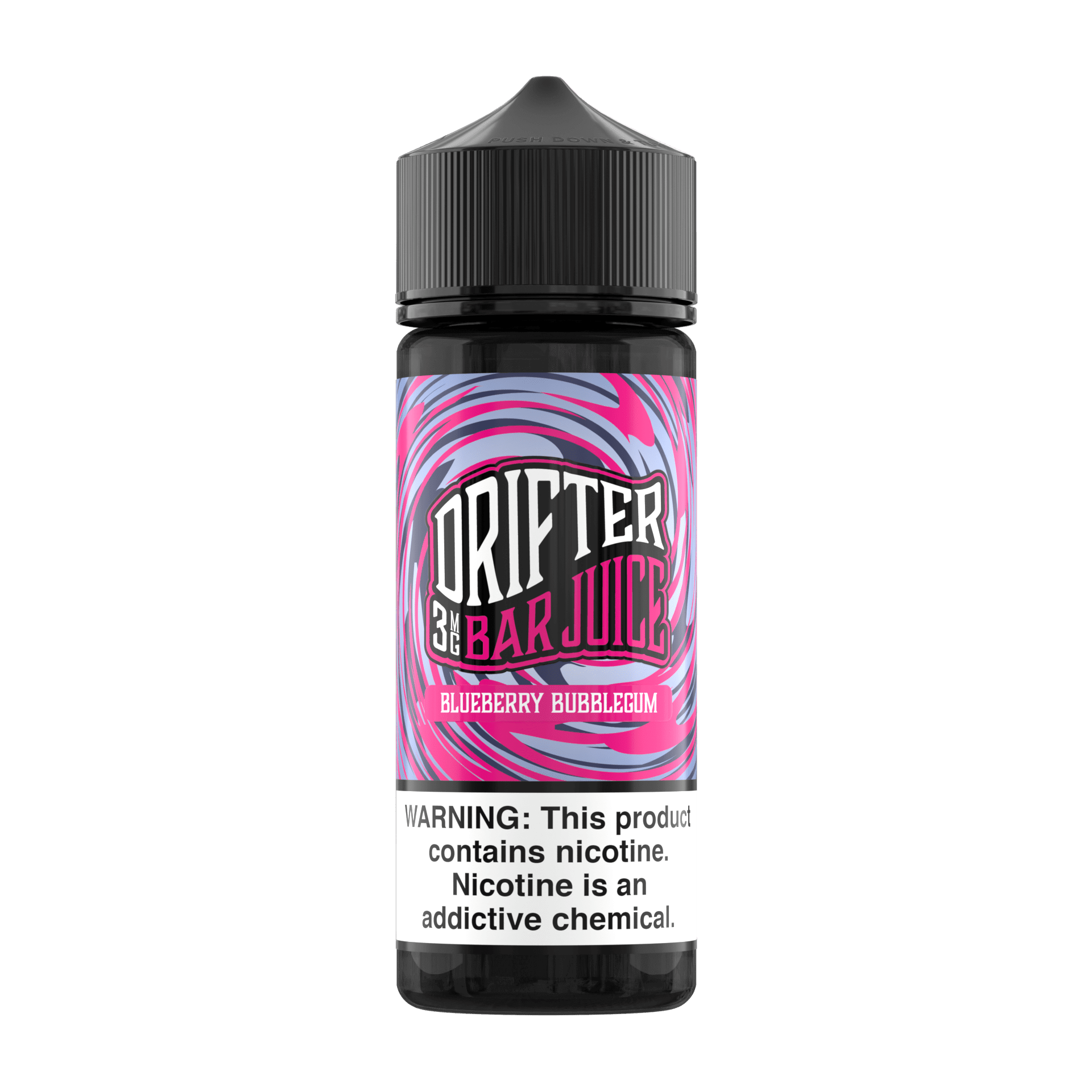 Blueberry Bubblegum Drifter E-Liquid 120mL bottle with vibrant blue and pink label, showcasing the fruity bubblegum flavor.