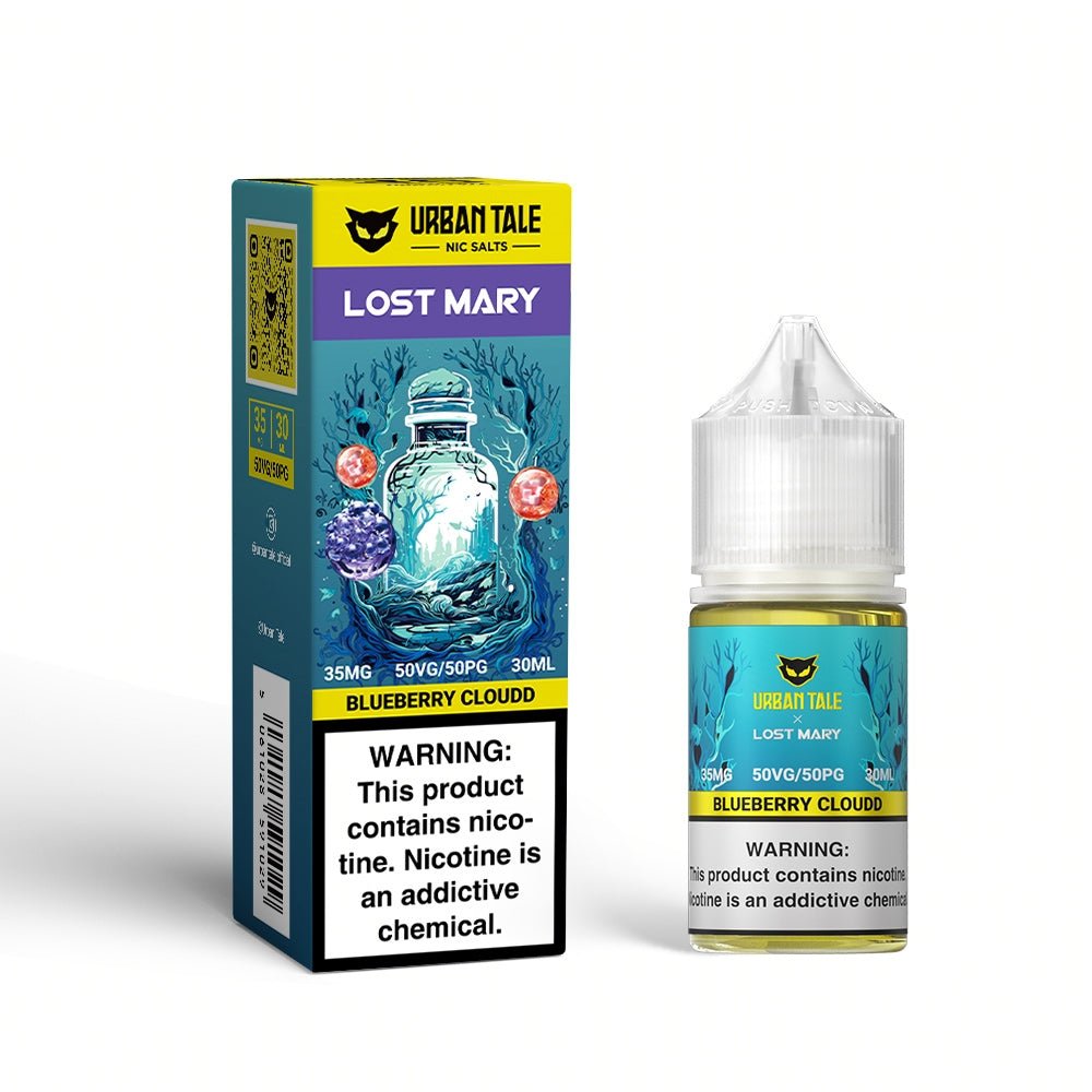 Blueberry Cloudd Salt e-liquid by Urban Tale x Lost Mary in a 30mL bottle with blue and white packaging.