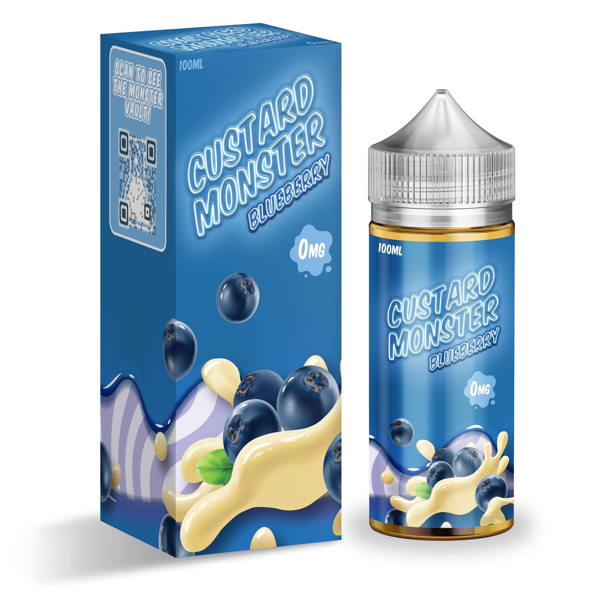 Blueberry Custard Monster e-liquid bottle, 100mL, with a blue and yellow label featuring blueberries and custard imagery.