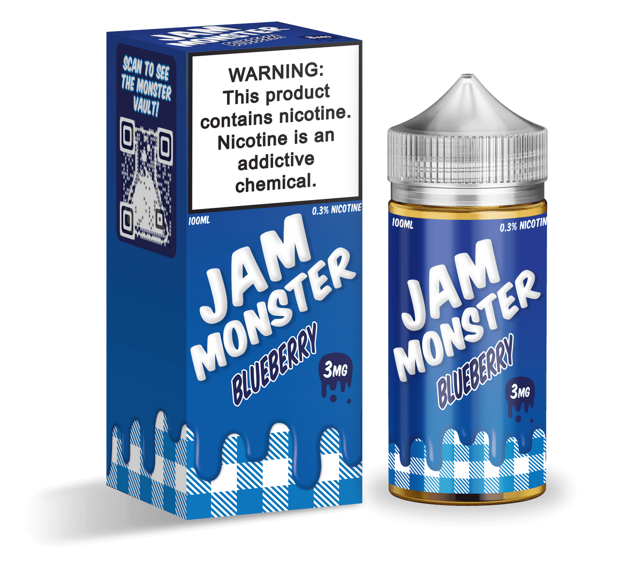 Blueberry flavored Jam Monster E-Liquid in a 100mL bottle, featuring vibrant blue and white packaging with blueberry imagery.