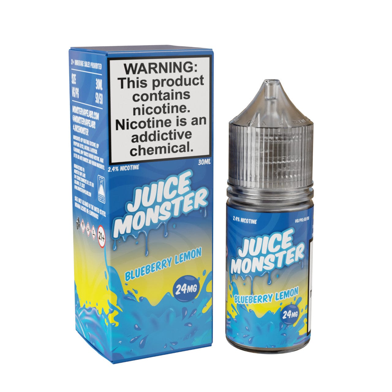Blueberry Lemon Salt e-liquid by Juice Monster in a 30mL bottle, featuring vibrant blueberry and lemon flavor.