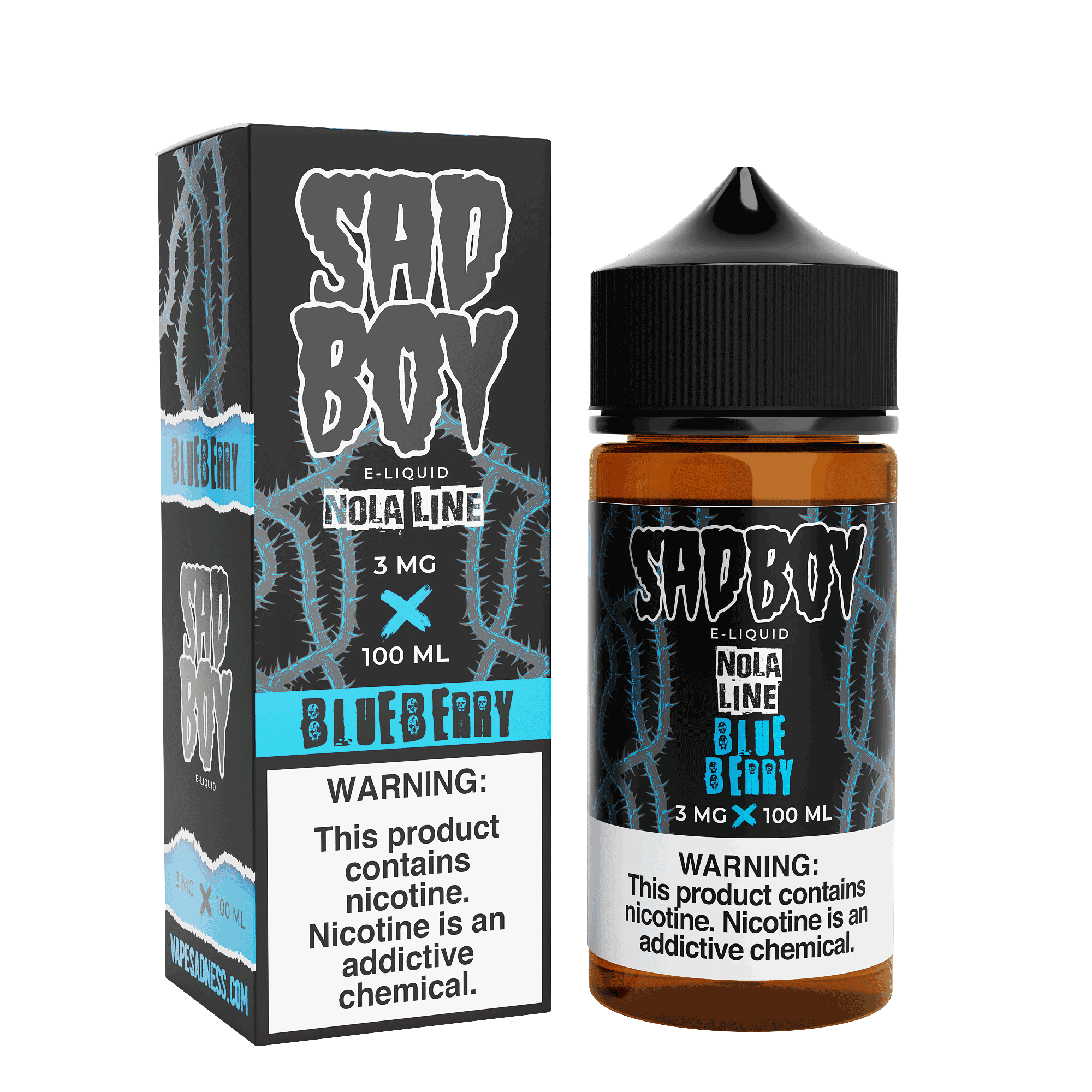 Blueberry Nola Sadboy E-Liquid bottle, 100mL, with label showing blueberries and cereal-inspired design for vape flavor.